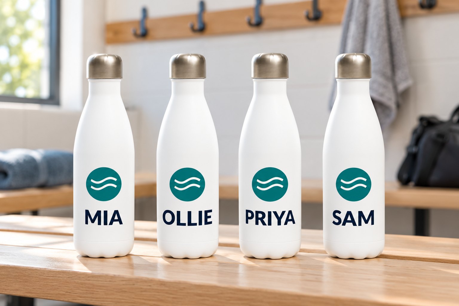 Four personalised water bottles in a row on a timber bench, same teal badge and white wave above different first names