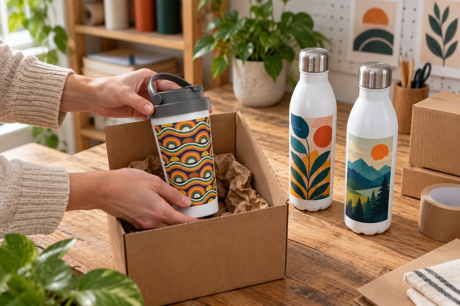 White travel mug with dark grey flip up lid and full-colour retro rainbow wave print in brown cardboard box